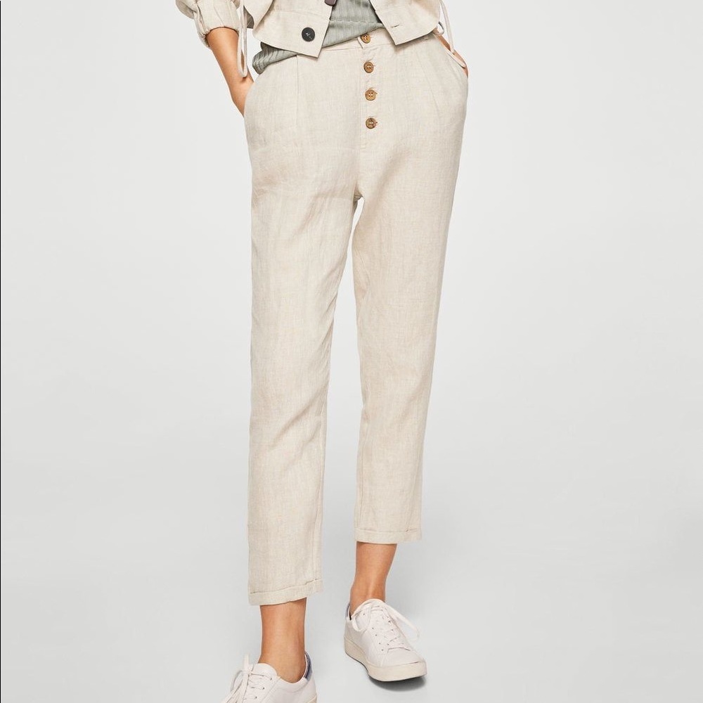 Mango Beige Linen Pants With Front Button Closure - image 1